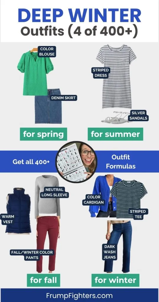 Outfit collage with Deep Winter capsule looks for spring, summer, fall, and winter using striped dress, blouse, jeans, and cardigan.