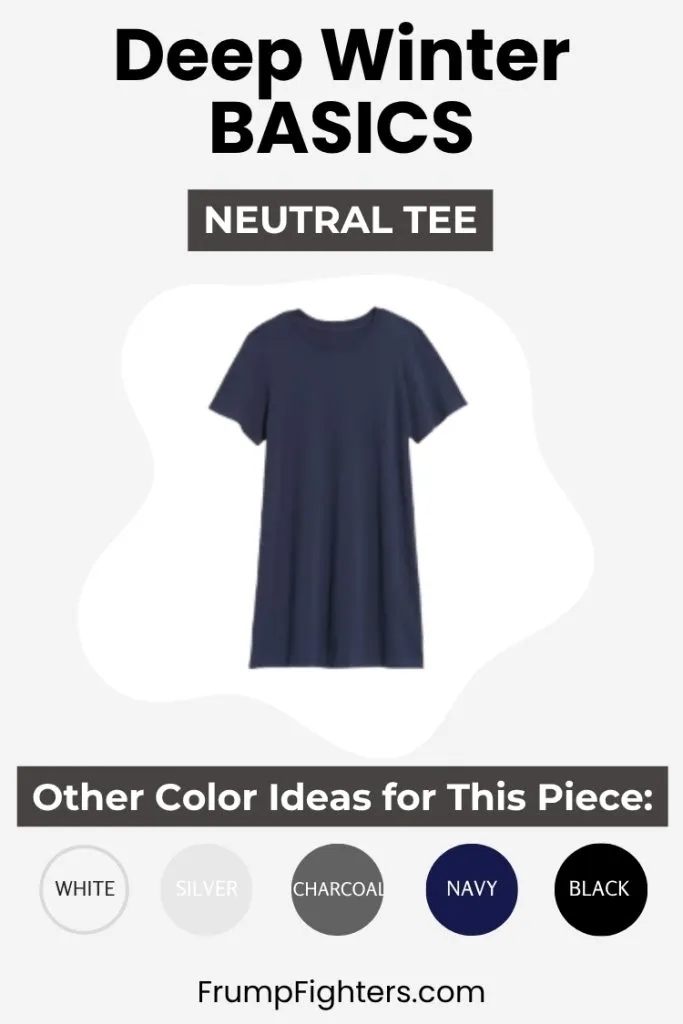 Navy tee shown with Deep Winter neutral color suggestions including black and silver.