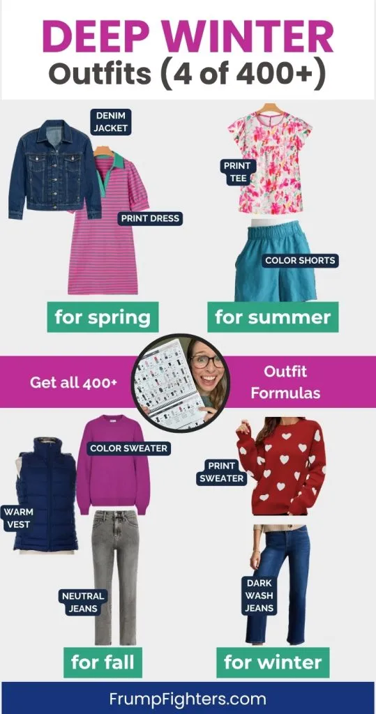 Pin shows 4 seasonal outfits styled with Deep Winter clothes like print tee, color shorts, heart sweater, and neutral jeans.