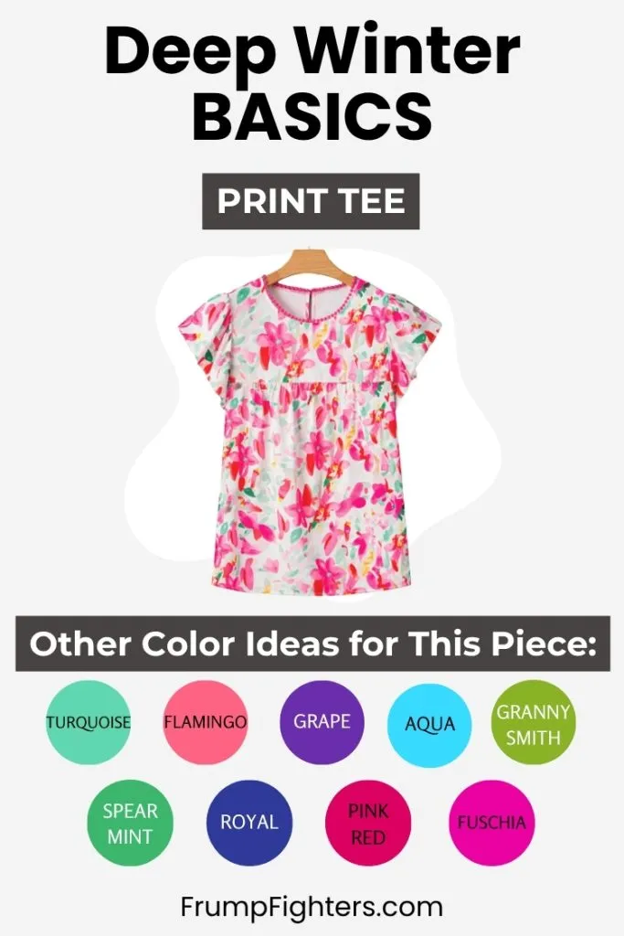 Bright floral tee with Deep Winter-friendly colors like fuschia, aqua, and royal blue.