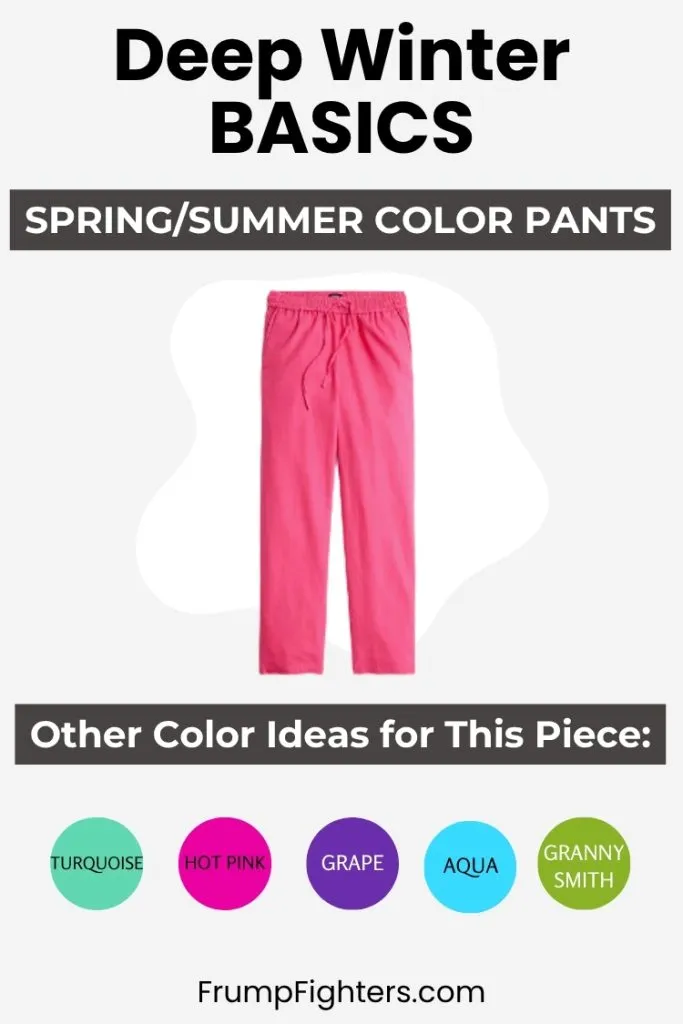 Pink pants labeled for Deep Winter with color suggestions like aqua and grape for spring/summer.