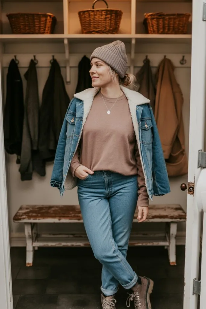 Woman in winter boots, denim jacket with sherpa lining, and blue straight jeans standing in a mudroom