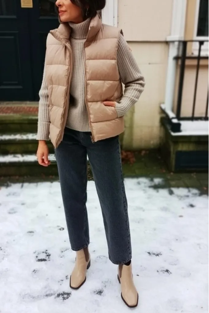 Woman in straight leg jeans, ribbed sweater, puffer vest and booties standing on snow-covered ground.
