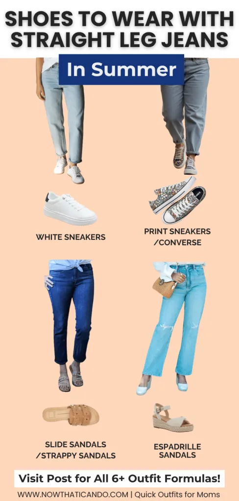 Graphic shows 5 types of shoes to wear with straight leg jeans in summer, including white sneakers, strappy sandals, and espadrilles.