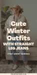 Smiling woman wearing cuffed light wash straight leg jeans, a tan baseball cap, beige puffer vest and sneakers indoors with “Cute Winter Outfits with Straight Leg Jeans” text overlay.