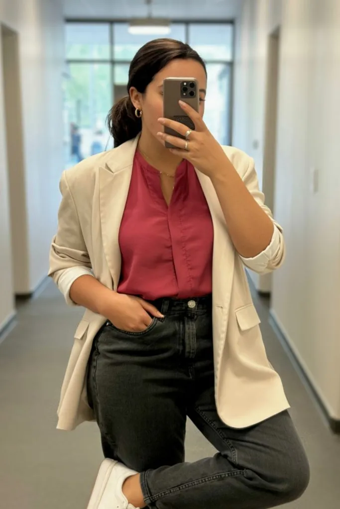 Woman in cream blazer, red blouse, black jeans, and white sneakers for a chic fall teacher outfit.