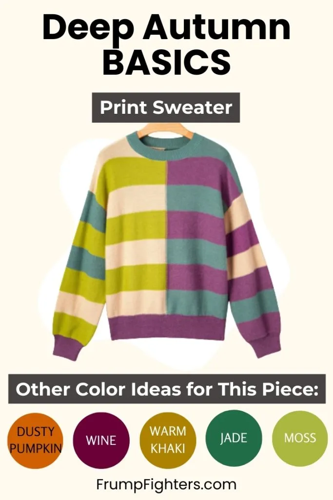 Colorful striped print sweater with labeled color options for a deep autumn capsule wardrobe.