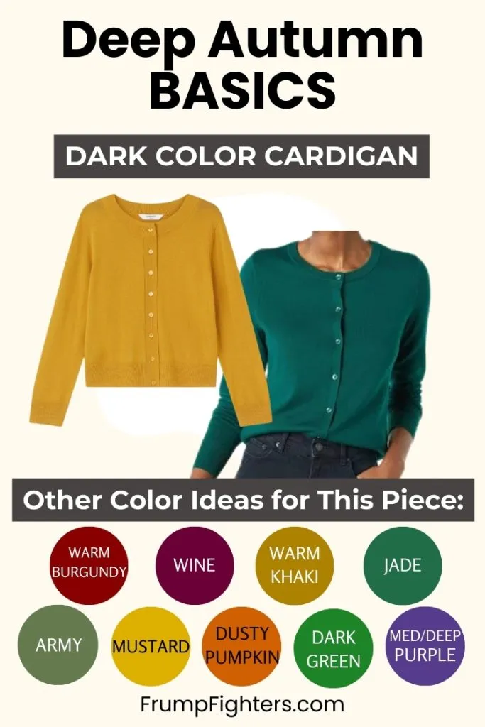 Two cardigans in mustard and green with labeled swatches for deep autumn capsule wardrobe outfit ideas.