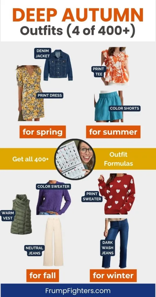 Four seasonal outfit examples from a deep autumn capsule wardrobe labeled for spring, summer, fall, and winter.