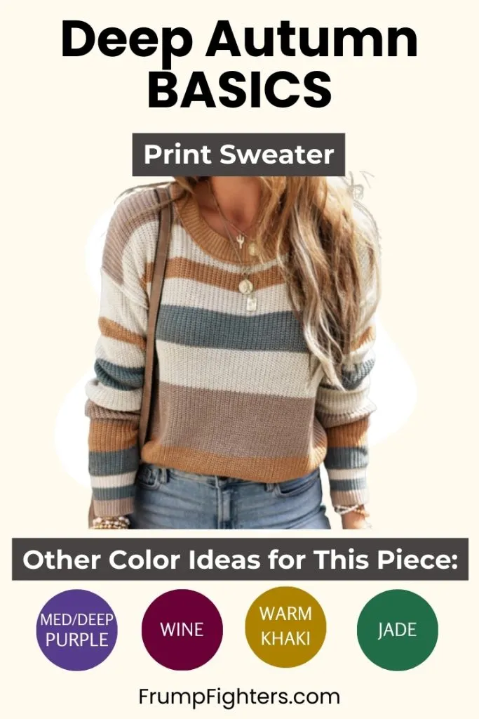 Woman in striped sweater with earthy tones, labeled as part of a deep autumn capsule wardrobe basics.
