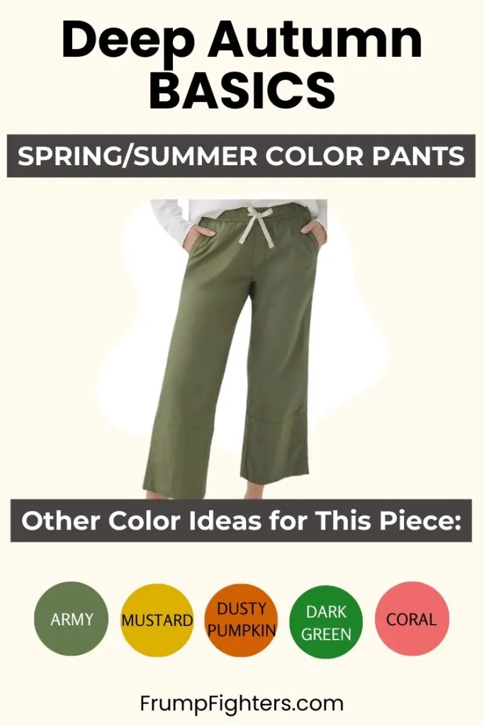 Olive cropped pants with swatches of warm colors for spring and summer in a deep autumn capsule wardrobe.