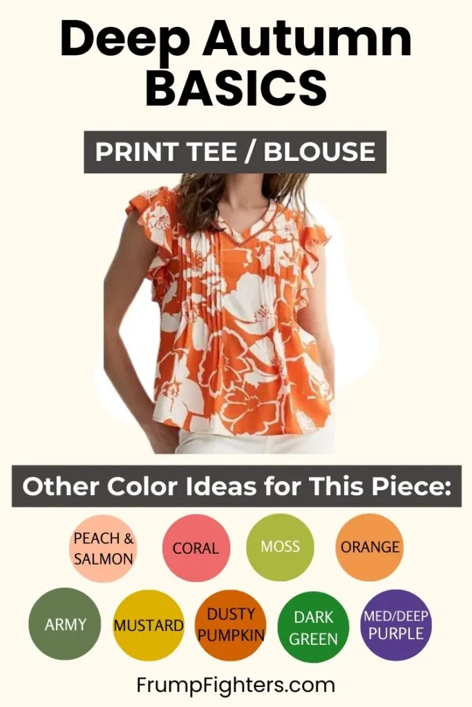 Orange floral blouse with color swatches showing how it fits into a deep autumn capsule wardrobe.
