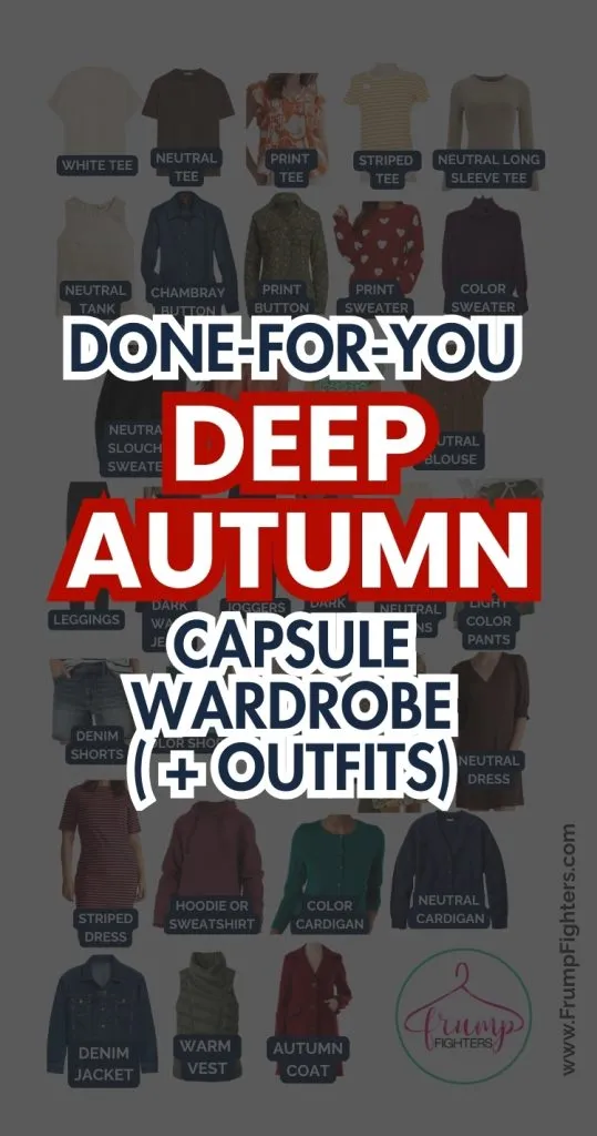 Clothing collage with bold text overlay reading “Done-for-You Deep Autumn Capsule Wardrobe (+Outfits).”