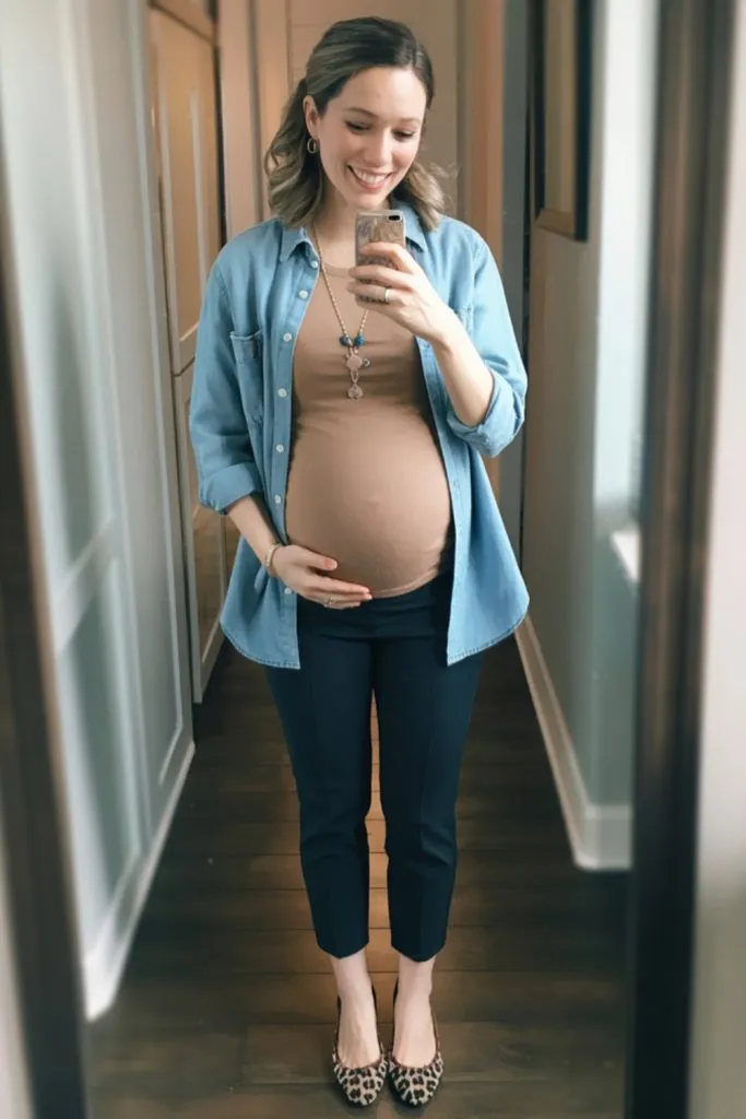 Pregnant woman wearing tan tank, denim shirt, black pants, and leopard flats for a cute fall teacher outfit.
