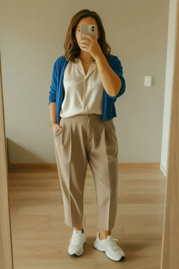 Woman wearing blue cardigan, white blouse, taupe pleated pants, and white sneakers for a comfy fall teacher outfit.