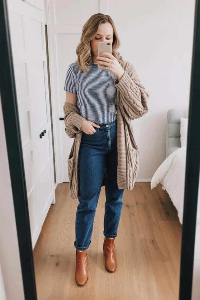 Woman wearing striped tee, chunky tan cardigan, jeans, and tan ankle boots for a cute fall teacher outfit.