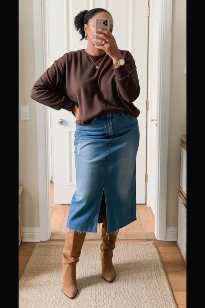 Woman wearing brown sweater, denim midi skirt, and tan knee-high boots for a trendy fall teacher outfit.