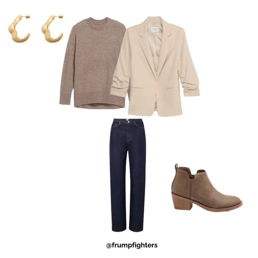 Flat lay of winter business casual outfit with taupe sweater, beige blazer, jeans, and ankle boots for women office style.