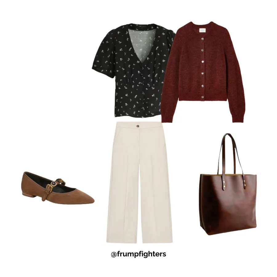 Floral blouse and maroon cardigan paired with cream pants, winter work outfit for teachers.