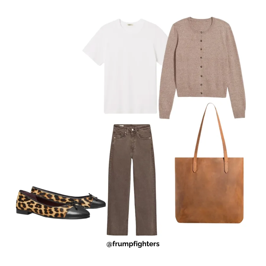 Brown cardigan, jeans, and leopard flats—comfy chic winter teacher outfit idea.