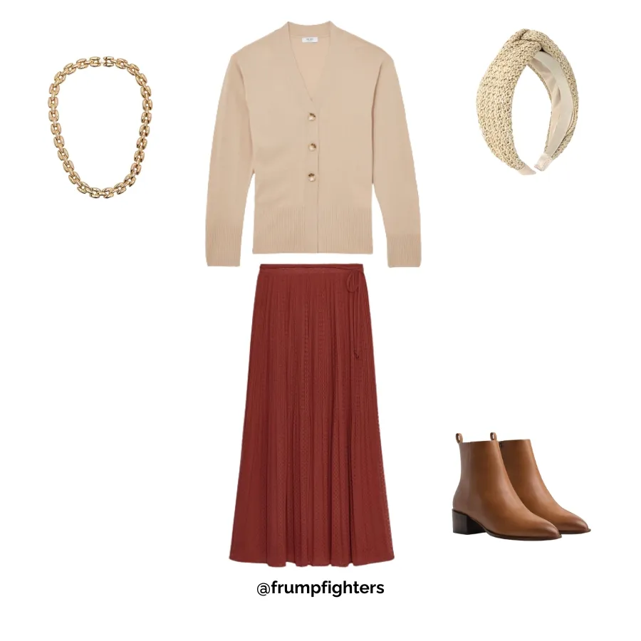 Beige cardigan and rust skirt with ankle boots, feminine winter outfit idea for teachers.
