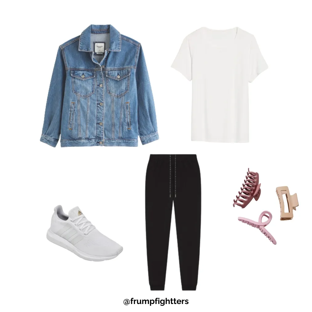 Denim jacket, white tee, black joggers, and sneakers styled as a casual fall teacher outfit with hair clips.