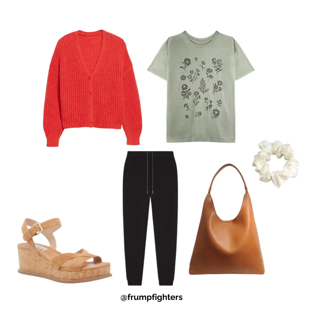 Outfit with coral cardigan, floral sage tee, black joggers, and wedges styled as a comfy fall teacher outfit.