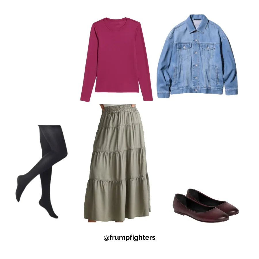 Magenta top, olive skirt, denim jacket, and flats—cute skirt teacher outfit for winter.