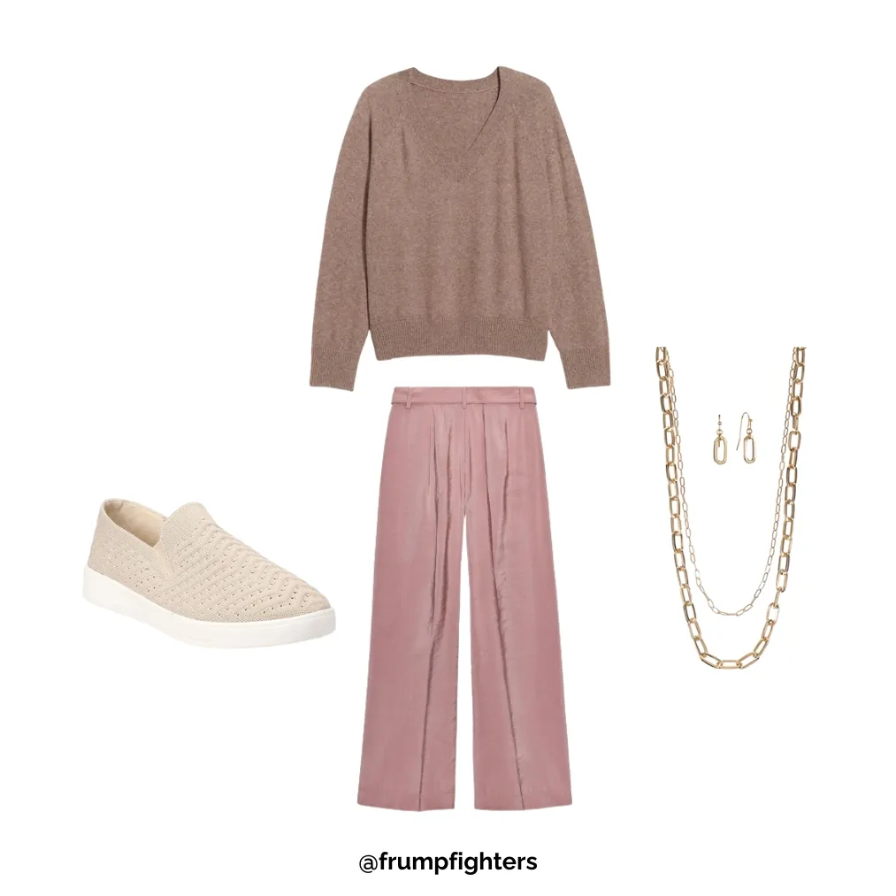 Brown sweater with mauve wide-leg pants, cream sneakers, and gold jewelry styled as a chic fall teacher outfit.