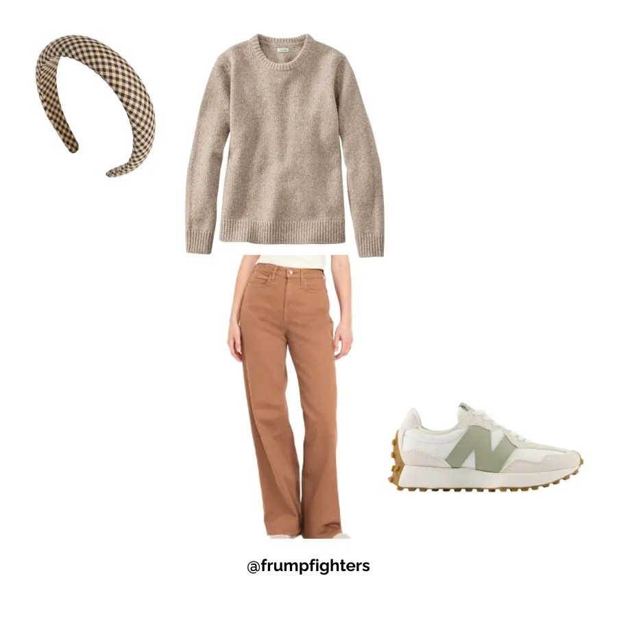 Taupe sweater, brown pants, and sneakers—neutral comfy winter teacher outfit idea.