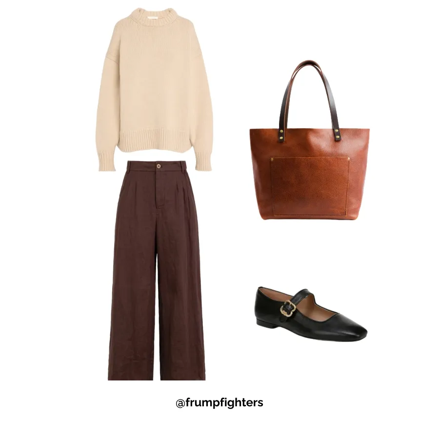 Beige sweater with brown wide-leg pants and tote bag, winter business casual teacher outfit inspiration.