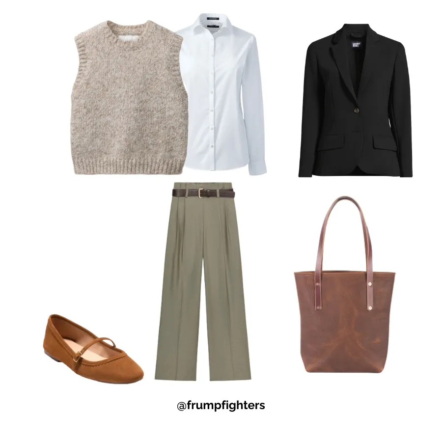 Neutral vest layered over white blouse and blazer, professional winter teacher outfit inspiration.