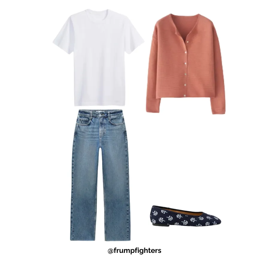 White tee, pink cardigan, and jeans—simple comfy winter teacher outfit idea.