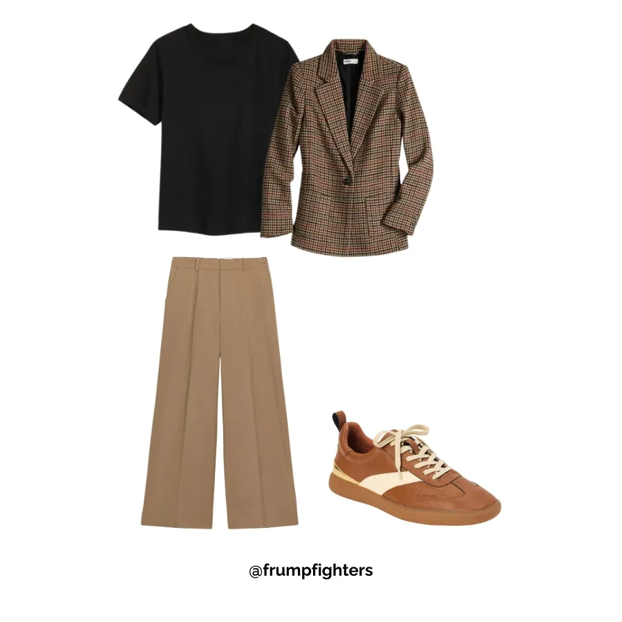 Plaid blazer with tan pants and sneakers—comfy yet polished winter teacher outfit idea.