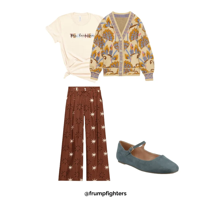 Outfit with floral cardigan and printed pants—fun colorful winter teacher outfit idea.
