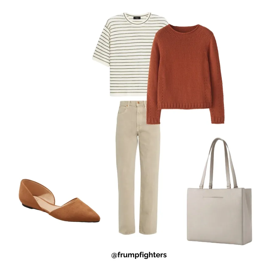 Outfit with striped tee, rust sweater, and beige jeans—cozy neutral winter teacher outfit idea.