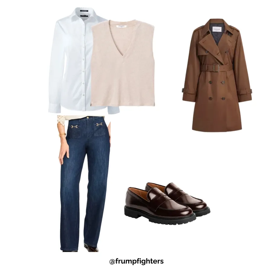 Beige sweater vest layered with blouse, jeans, and trench coat, classic winter teacher outfit idea.