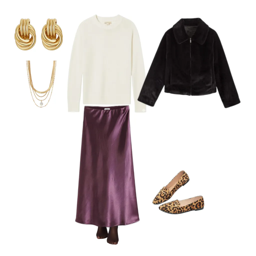 Cream sweater with trousers and heels styled as elegant christmas outfit for women over 50