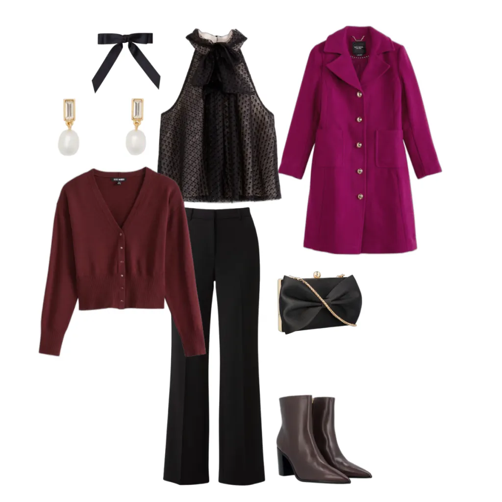 Burgundy cardigan with black trousers and boots styled as christmas party outfit for women over 40