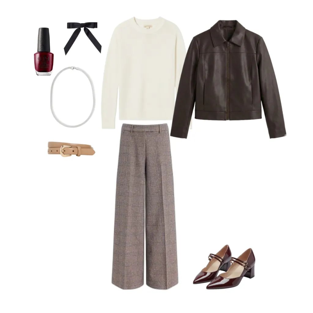 Cream sweater with trousers and heels styled as elegant christmas outfit for women over 50