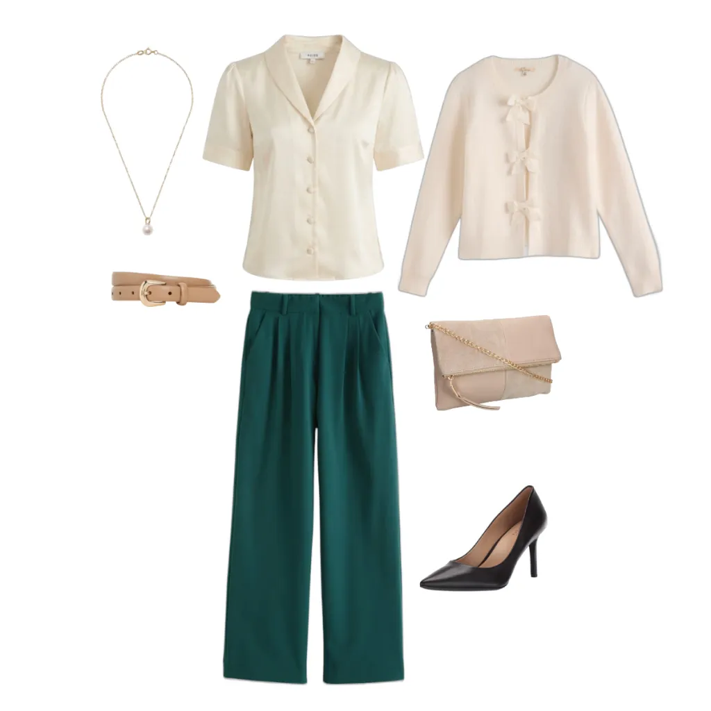 Cream blouse with green trousers and heels styled as elegant holiday outfit for women over 40