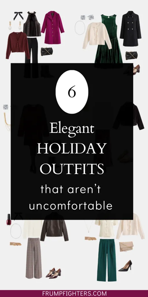 Collage of elegant holiday outfits with text overlay elegant holiday outfits that aren’t uncomfortable