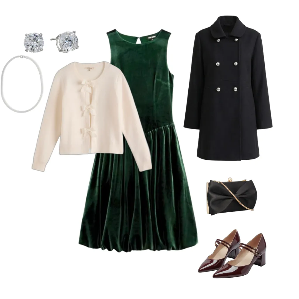 Green velvet dress with cardigan styled as modest christmas outfit for women over 40