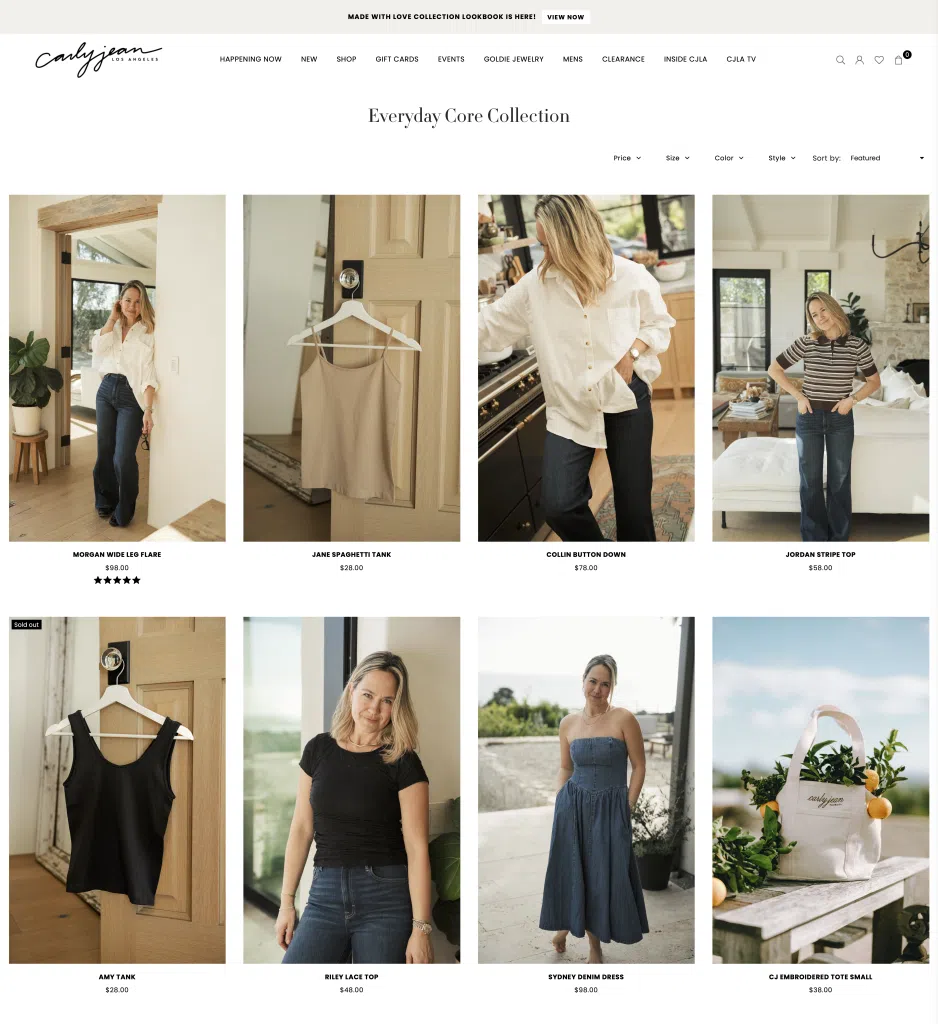 Everyday capsule wardrobe pieces from Carly Jean Los Angeles style brand, showing simple tops, denim, and neutral outfits for women