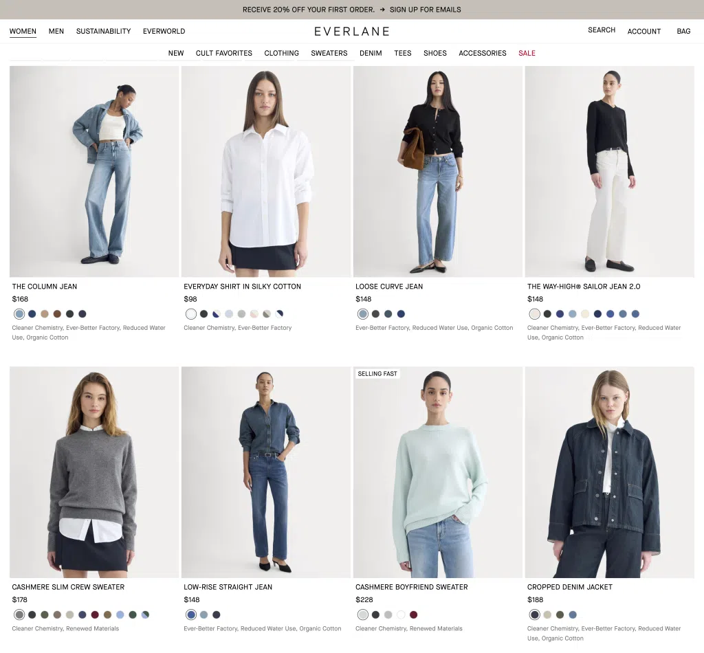 Everlane minimalist capsule wardrobe pieces with jeans, button-down shirts, sweaters, and neutral outfits for women
