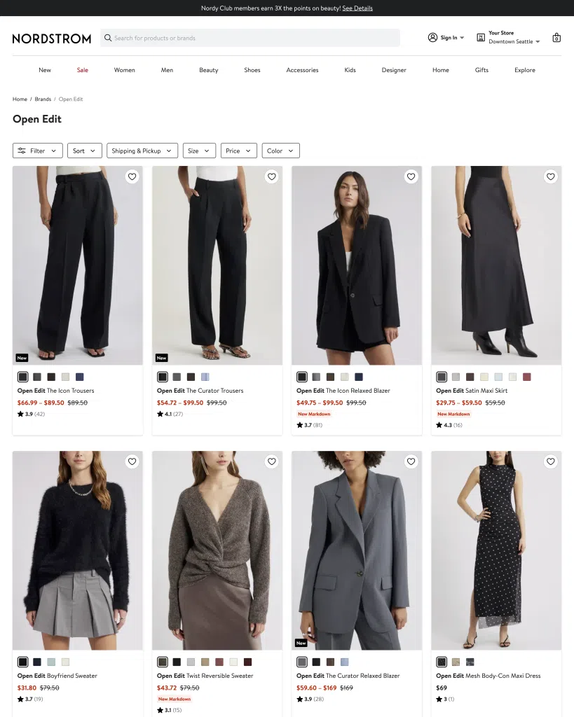 Open Edit capsule wardrobe clothing at Nordstrom with tailored pants, blazers, skirts, and simple workwear staples