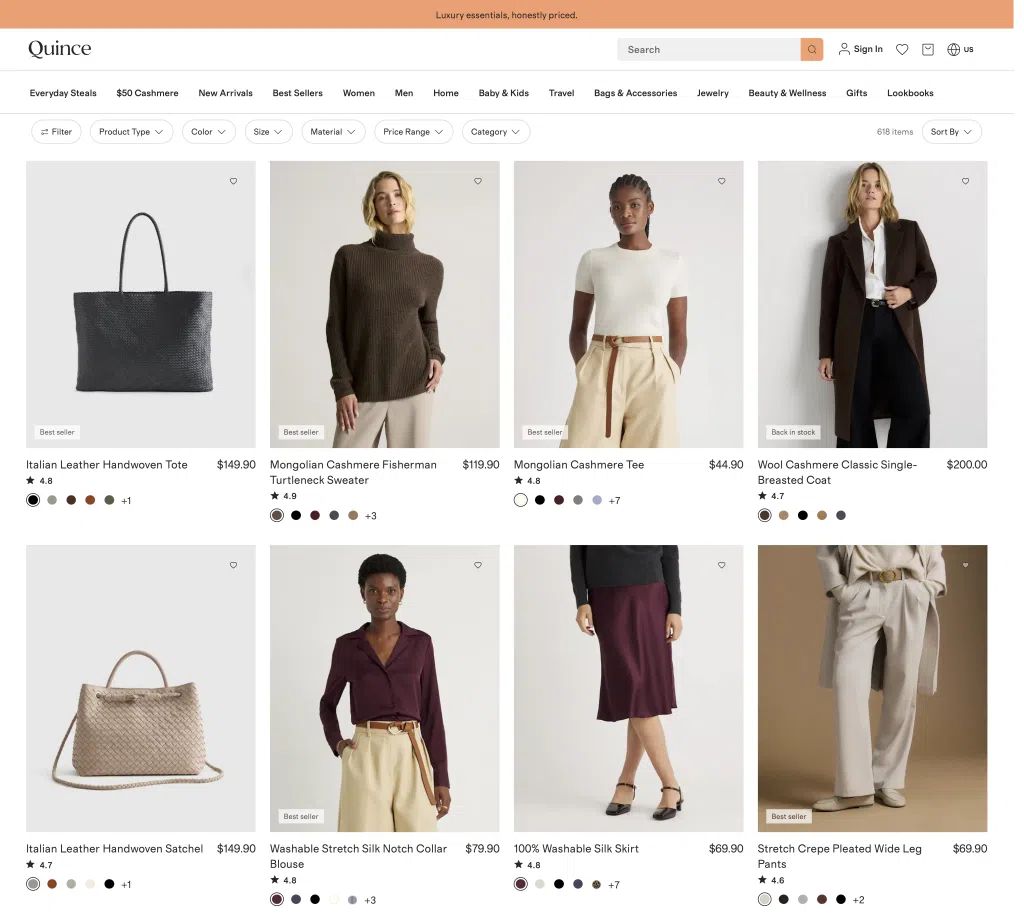 Quince capsule wardrobe essentials including cashmere sweaters, silk skirts, trousers, and neutral accessories