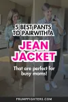 Mom wearing a denim jacket with black pants and sneakers, text overlay about best pants to pair with a jean jacket