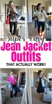 Grid of mom outfits wearing a denim jacket with black jeans and casual tops, text overlay says super easy jean jacket outfits