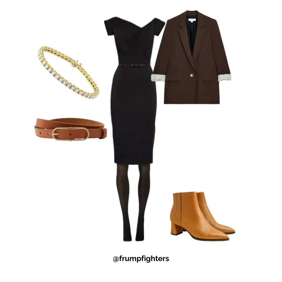 Black dress with brown blazer, tights and ankle boots styled as a business casual winter work outfit